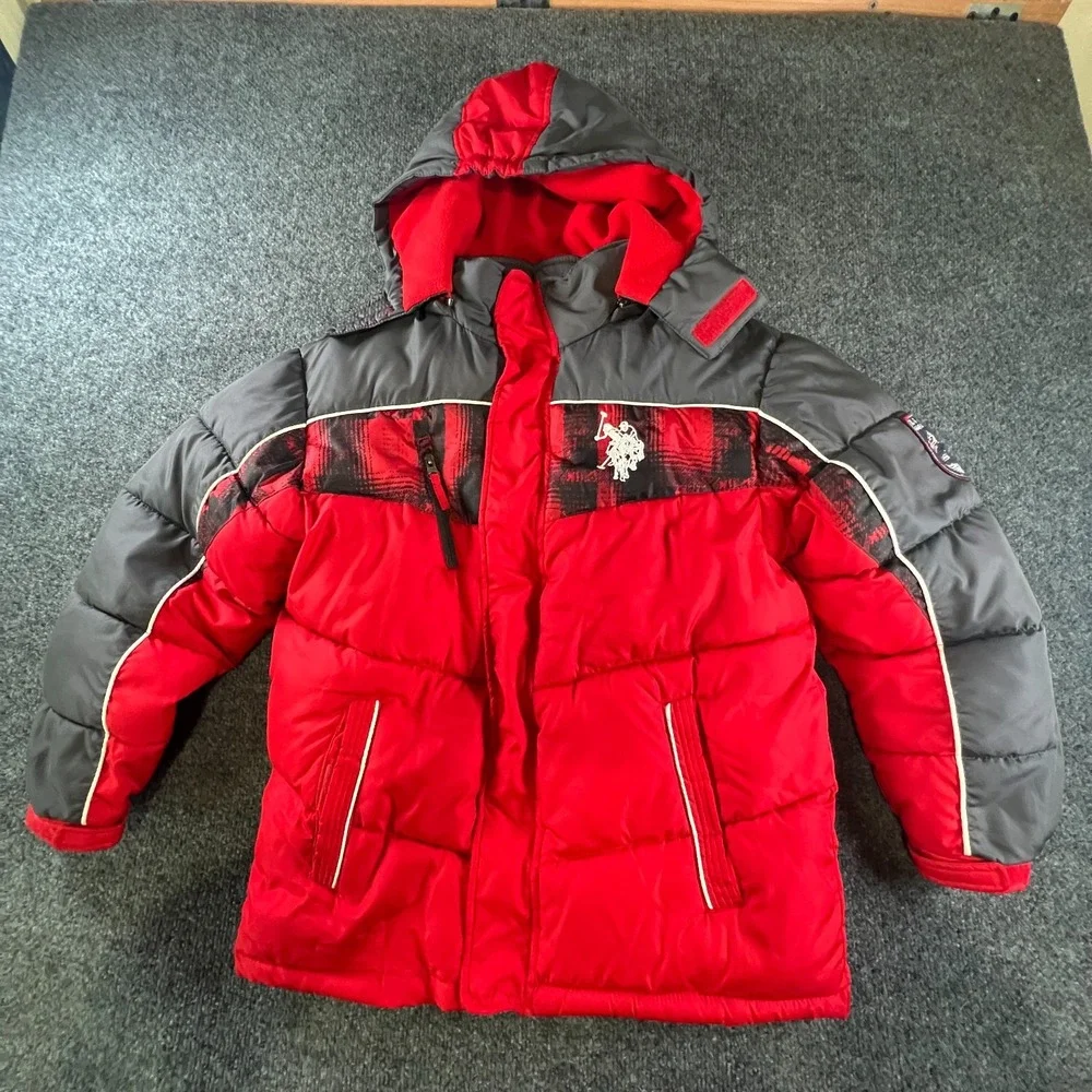US Polo Assn Puffer Jacket Boys M 10\12 Red Black Hooded Fleece‎ Lined Pony Logo